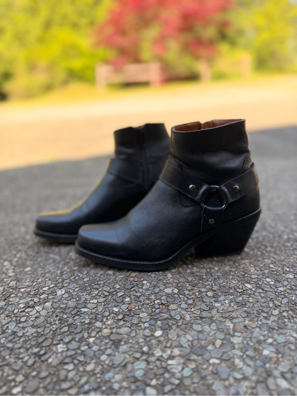 Women's Black Leather Ankle Booties with Ring Harness